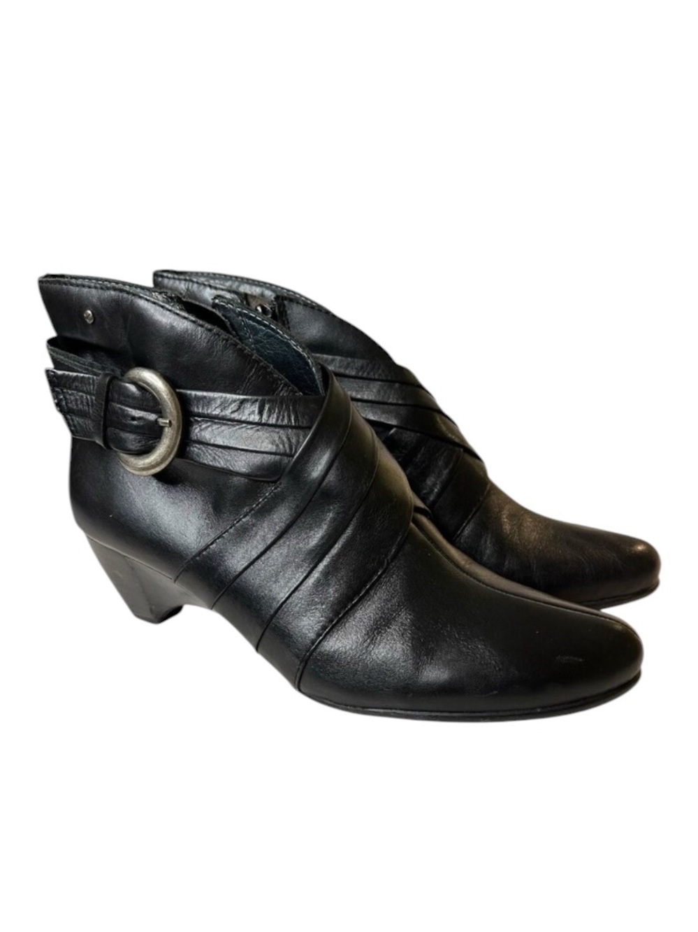 Pikolinos Black Ankle Boots Leather Side Buckle Zip Wedge Heel Sz 40 (9-9.5)